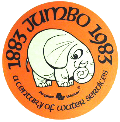 An Anglian Water sticker from 1983 celebrating 100 years of Jumbo